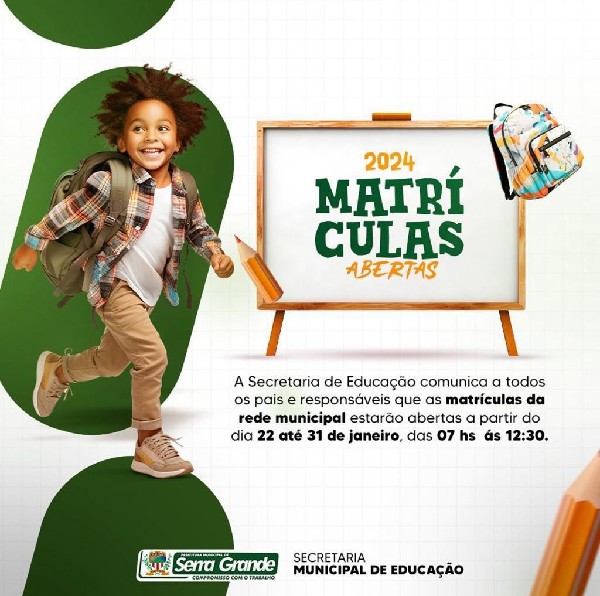 Matrículas abertas na rede municipal de Serra Grande: Educação de Qualidade para seus Filhos!