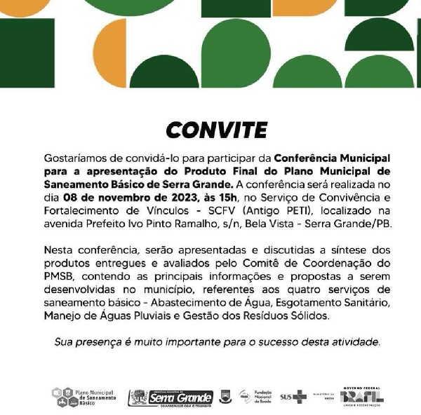 Junte-se a nós na Conferência Municipal de apresentação do Plano Municipal de Saneamento Básico de Serra Grande